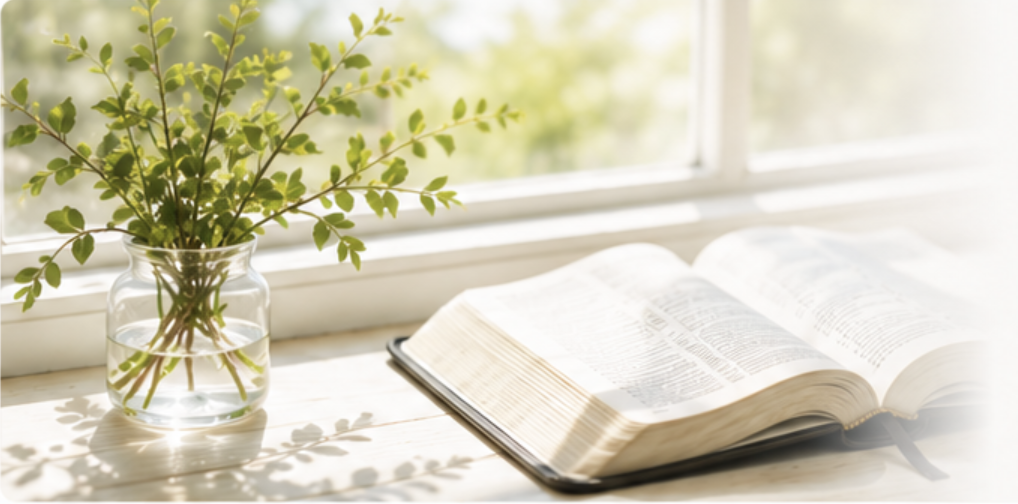 An open Bible beside fresh greenery in warm window light